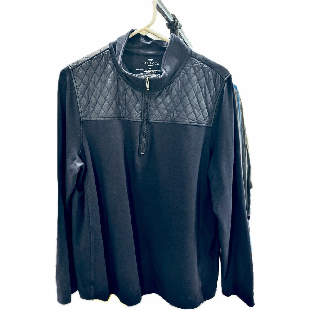Talbots 1/4 Zip Pullover Women's Plus Size 1X Black Quilted Pima Cotton Blend